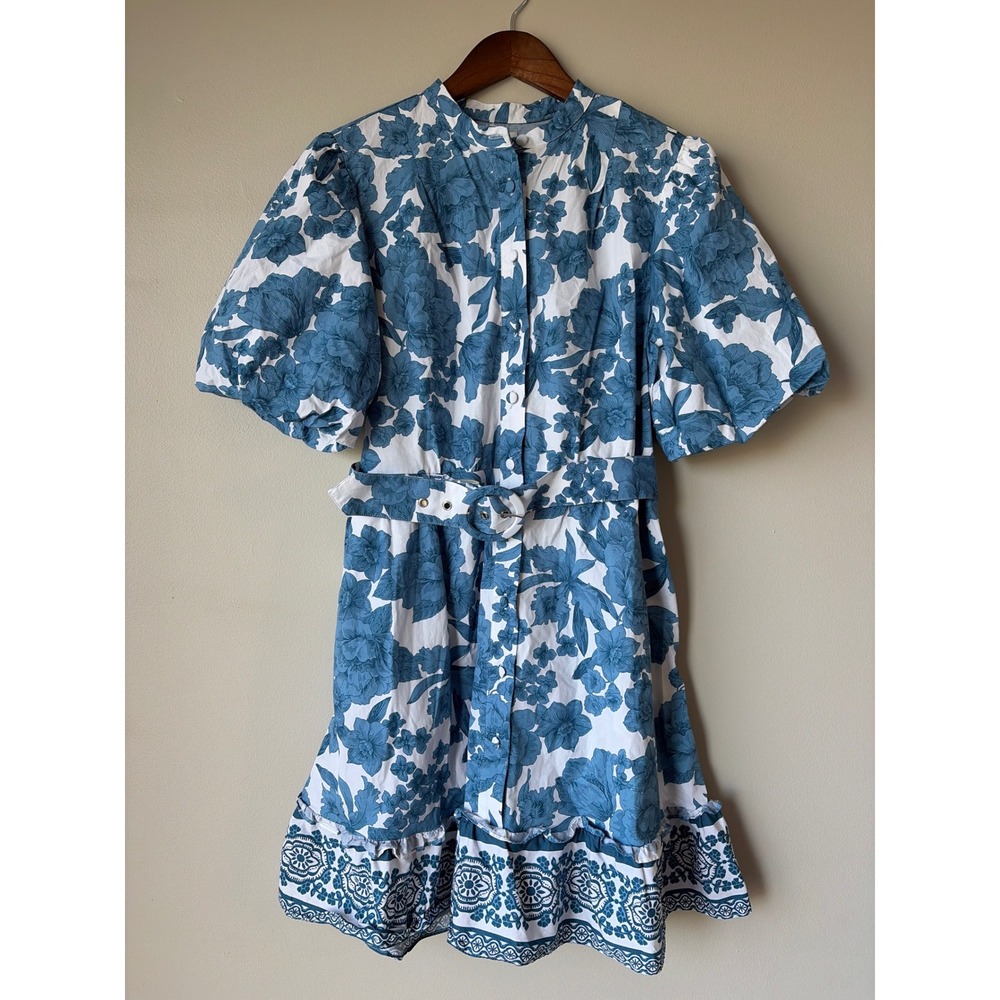 Joie Blue White Floral Puff Sleeve Belted Button Front Mini Dress Size 8